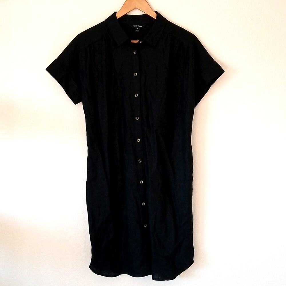 Well Worn Black Linen Viscose Blend Full Button Up Shirt Dress